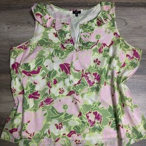 Talbots Sleeveless Blouse with Pink and Green Floral Design 100% Cotton